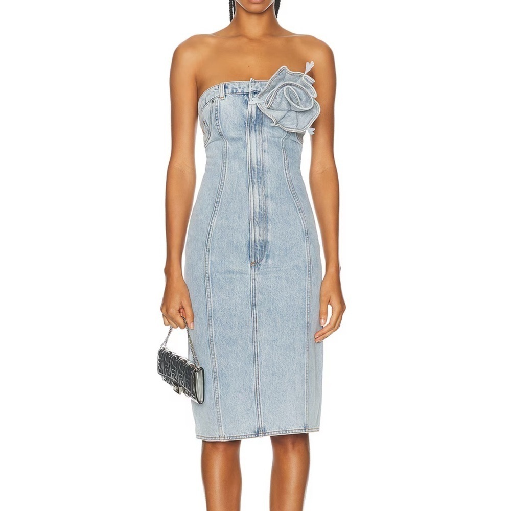 New AREA Strapless Denim Midi Dress with Flower Corsage Super Light Wash Size 8